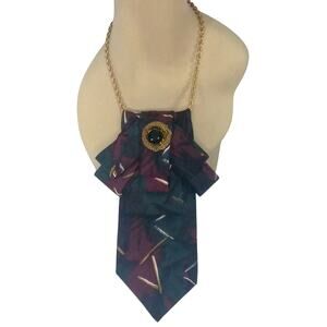 Artisan Vintage Silk Tie Necklace Milano Upcycled Antique Gold Brooch Accent NEW